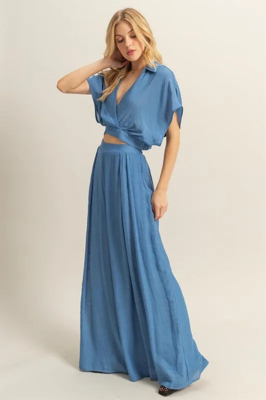 HYFVE Kimono Sleeve Crop Top and Wide Leg Pants Set - felvior