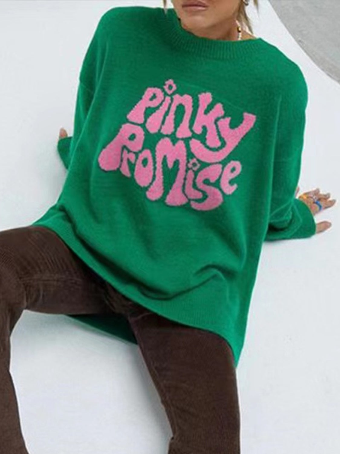 PINKY PROMISE Round Neck Drop Shoulder Sweater - felvior