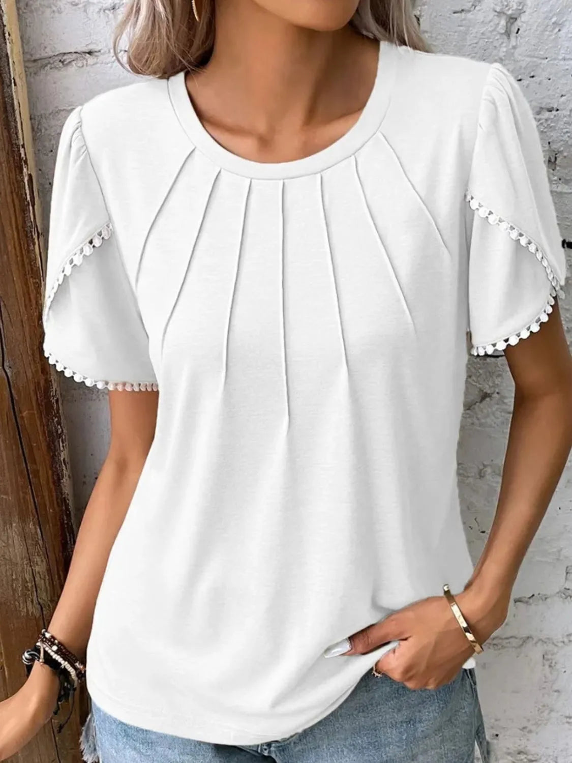 Full Size Round Neck Petal Sleeve Blouse Plus Size - felvior