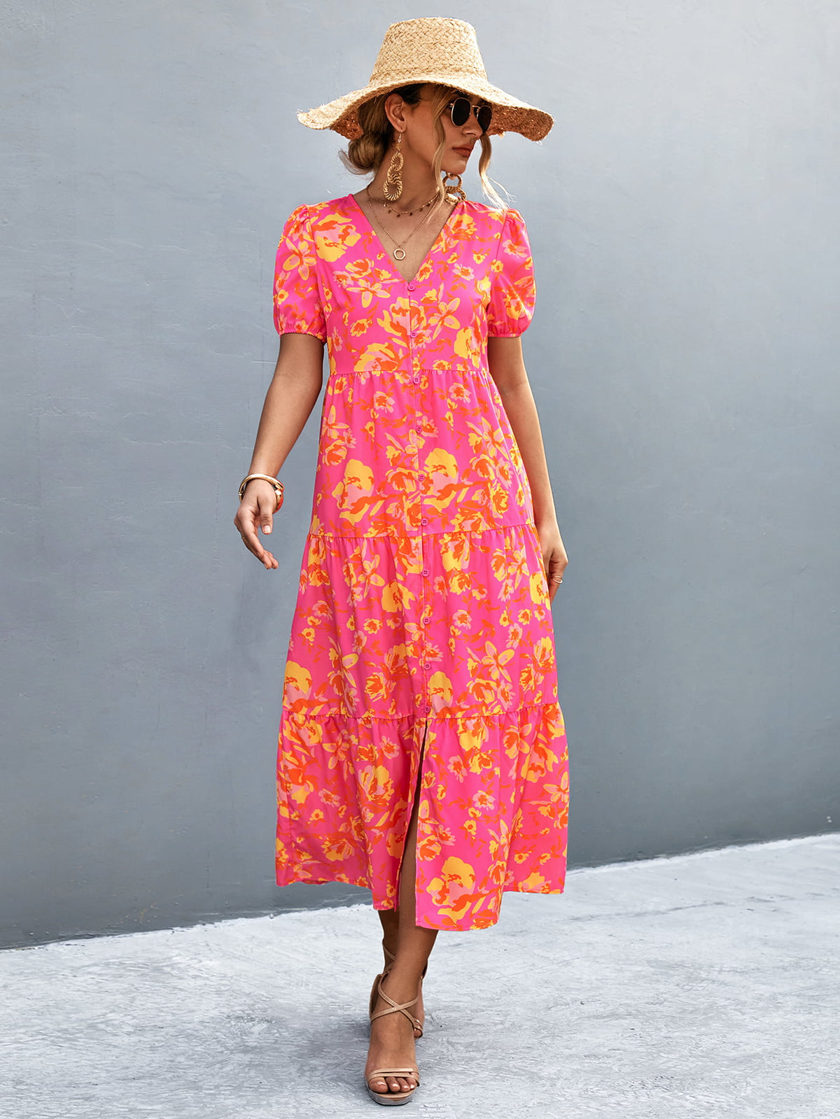 V-Neck Short Sleeve High Slit Midi Dress - felvior
