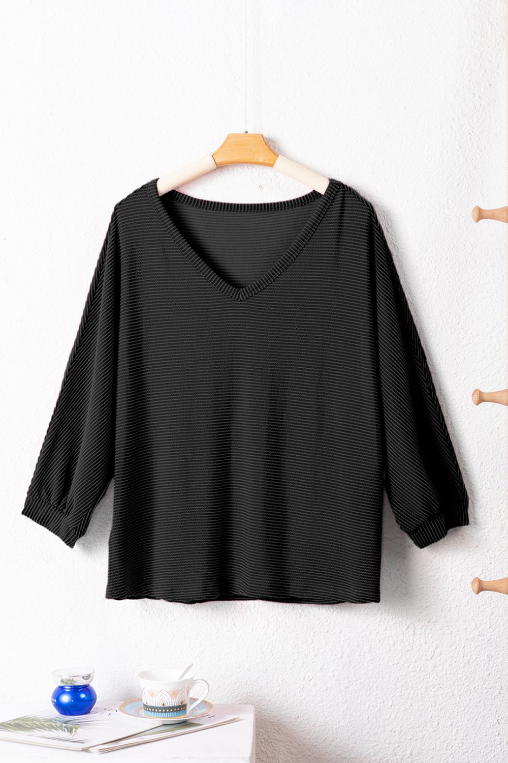 Texture V-Neck Long Sleeve Top - felvior