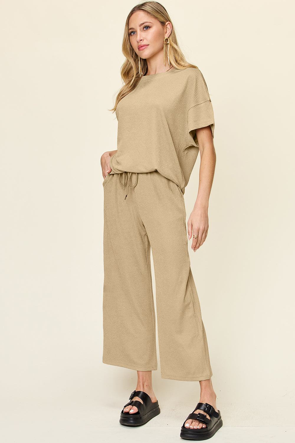 Double Take Full Size Texture Round Neck Short Sleeve T-Shirt and Wide Leg Pants - felvior
