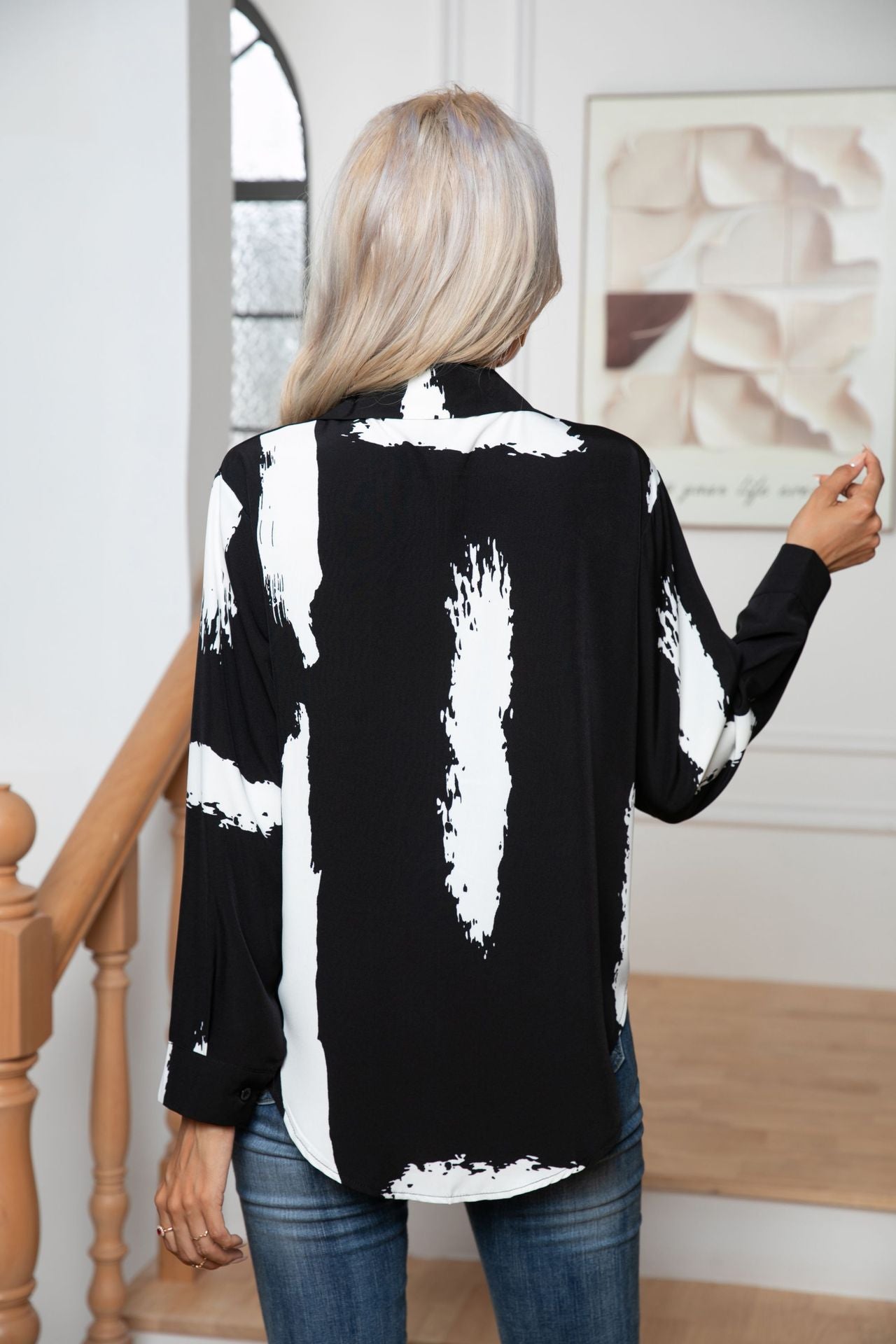 Button Down Printed Long Sleeve Shirt - felvior