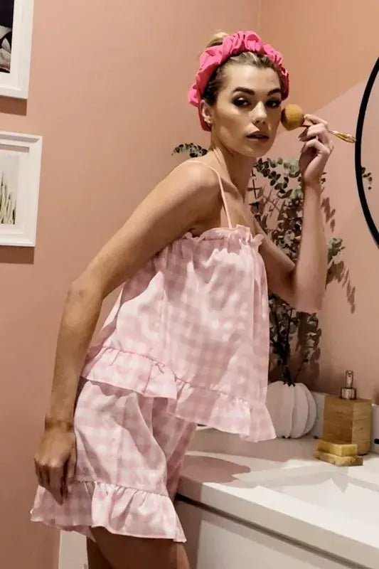 Lime 'N' Chili Gingham Ruffle Trim Cami and Shorts Pajama Set