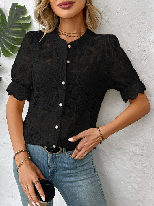 Button Down Half Sleeve Lace Shirt - felvior