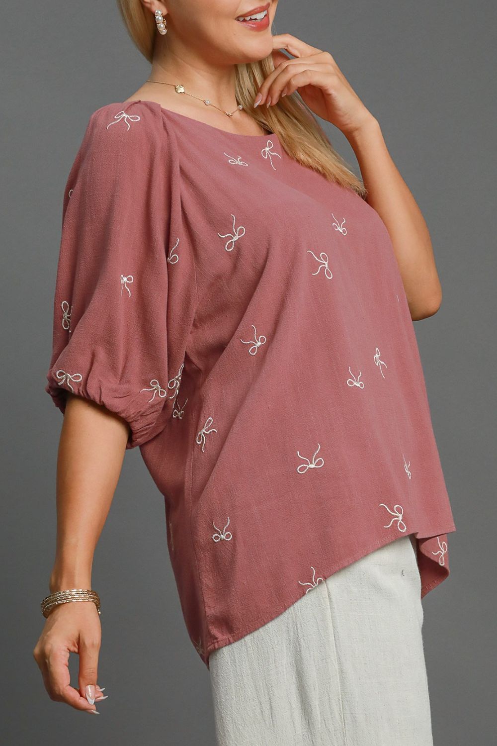 Umgee Full Size Linen Blend Ribbon Embroidered Top Plus Size