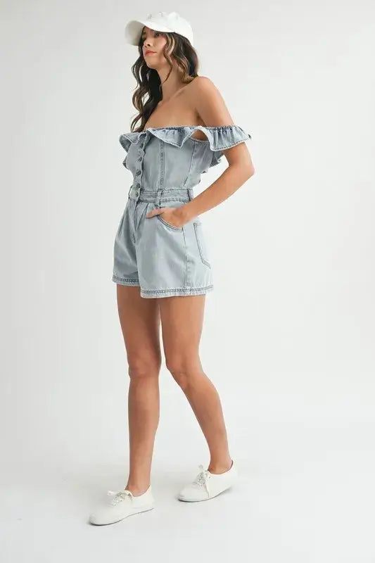 MABLE Off Shoulder Ruffle Detail Denim Romper