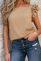 Ruffled Square Neck Textured Cap Sleeve Top
