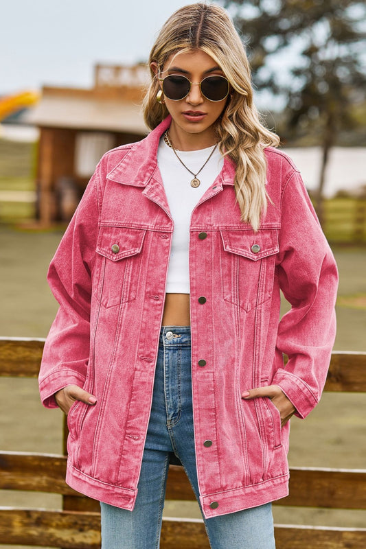 Buttoned Collared Neck Denim Jacket with Pockets - felvior