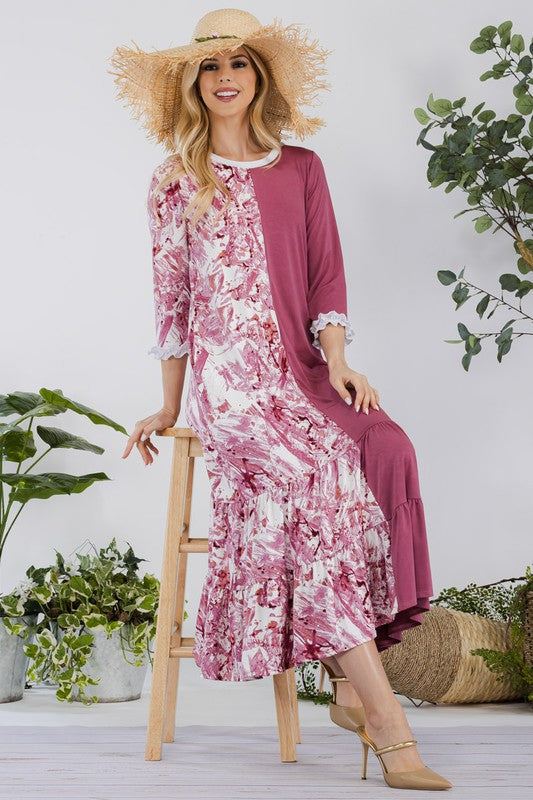 Celeste Full Size Contrast Tie Dye Ruffled Midi Dress Plus Size - felvior