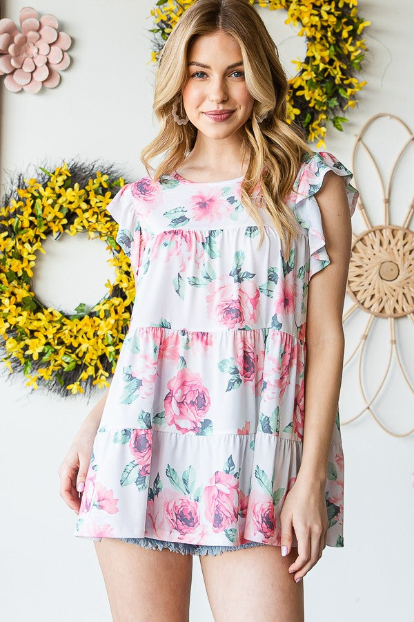 Heimish Full Size Butterfly Short Sleeve Round Neck Floral Print Tiered Top Plus Size - felvior