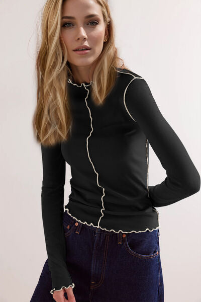 Basic Bae Contrast Trim Mock Neck Long Sleeve T-Shirt - felvior