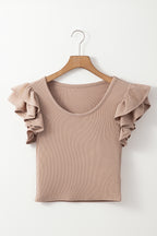 Ribbed Knit Ruffled Cap Sleeve Slim Fit Top