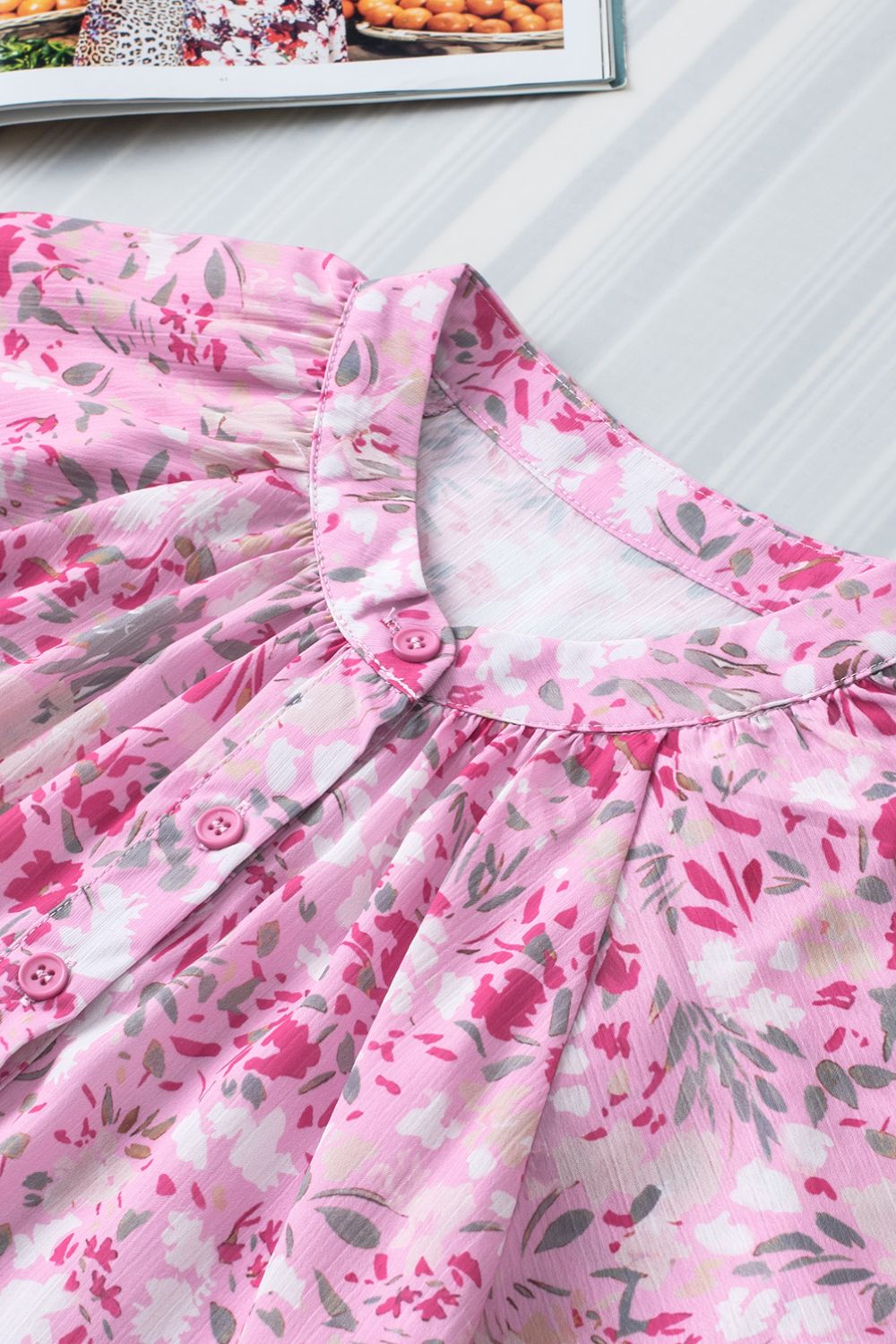 Floral Half Button Round Neck Short Sleeve Blouse - felvior