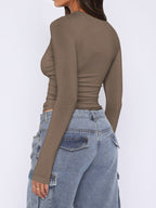 Ruched Asymmetrical Neck Long Sleeve T-Shirt