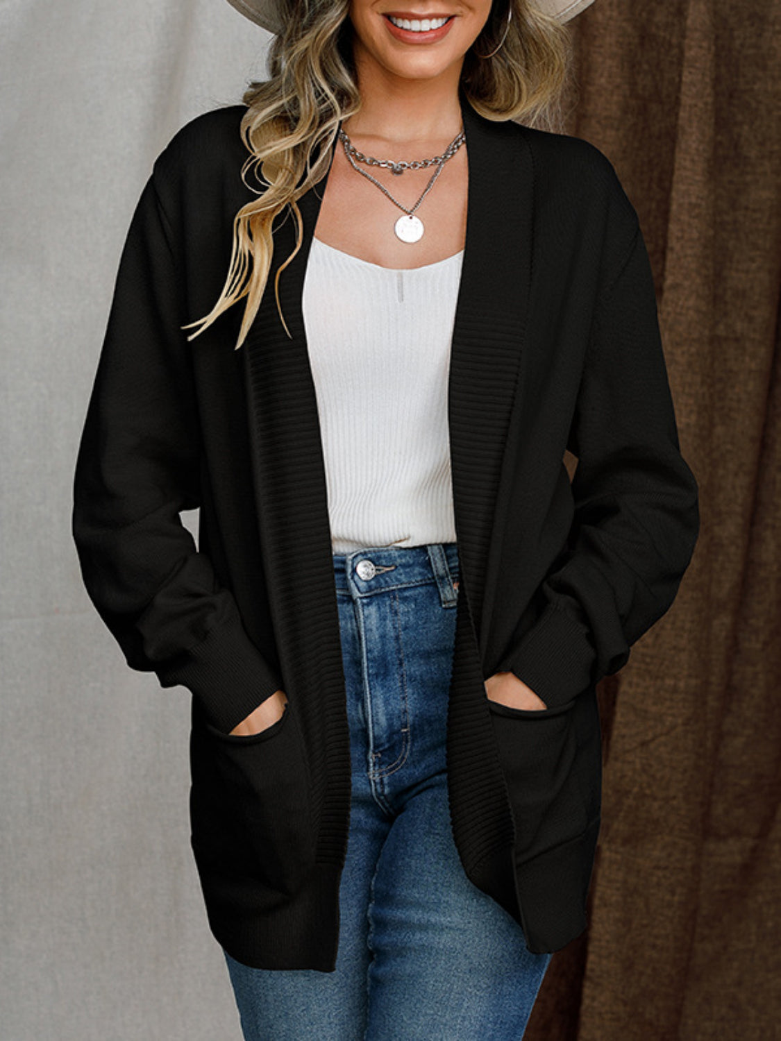 Open Front Long Sleeve Sweater Cardigan - felvior