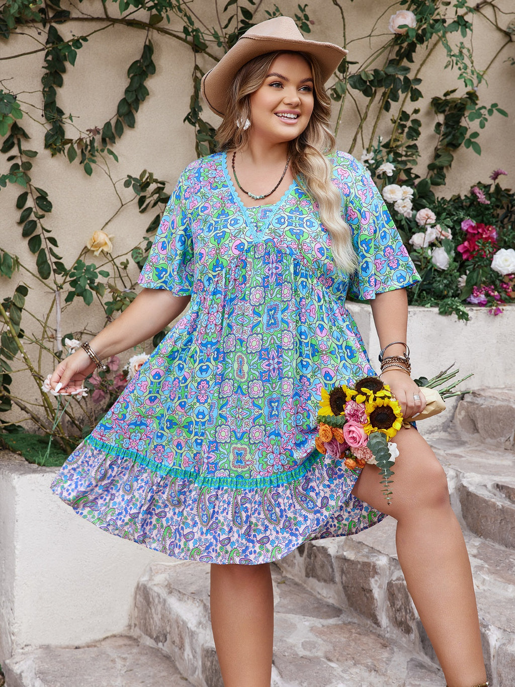 Plus Size Ruffled Hem Lace Detail Printed Half Sleeve Dress