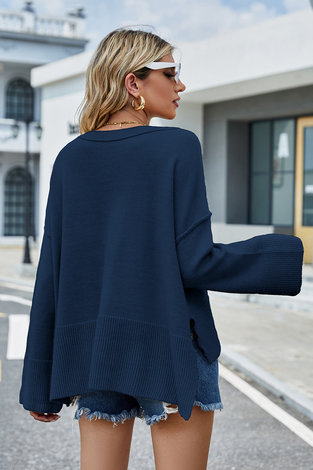 High-Low Slit Round Neck Long Sleeve Sweater - felvior