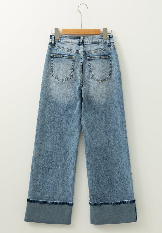 Washed Wide Leg Jeans with Pockets - felvior