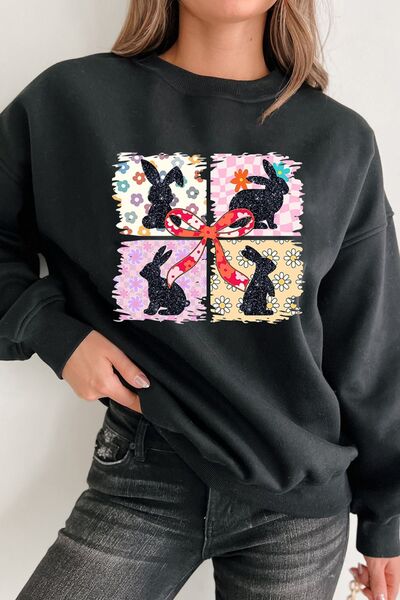 Floral Bunny Plaid Bow Graphic Easter Sweatshirt - felvior