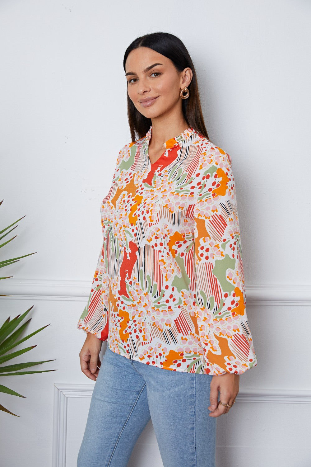 Floral Frill Notched Long Sleeve Blouse - felvior