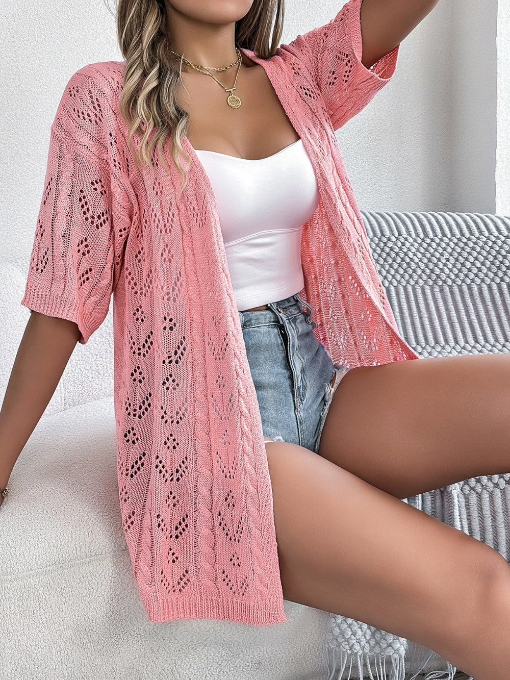 Openwork Open Front Half Sleeve Cardigan - felvior