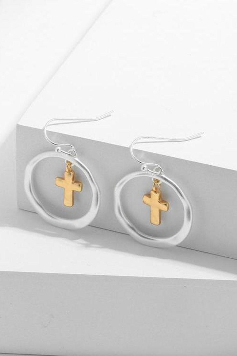 Brass Contrast Cross Dangle Earrings - felvior