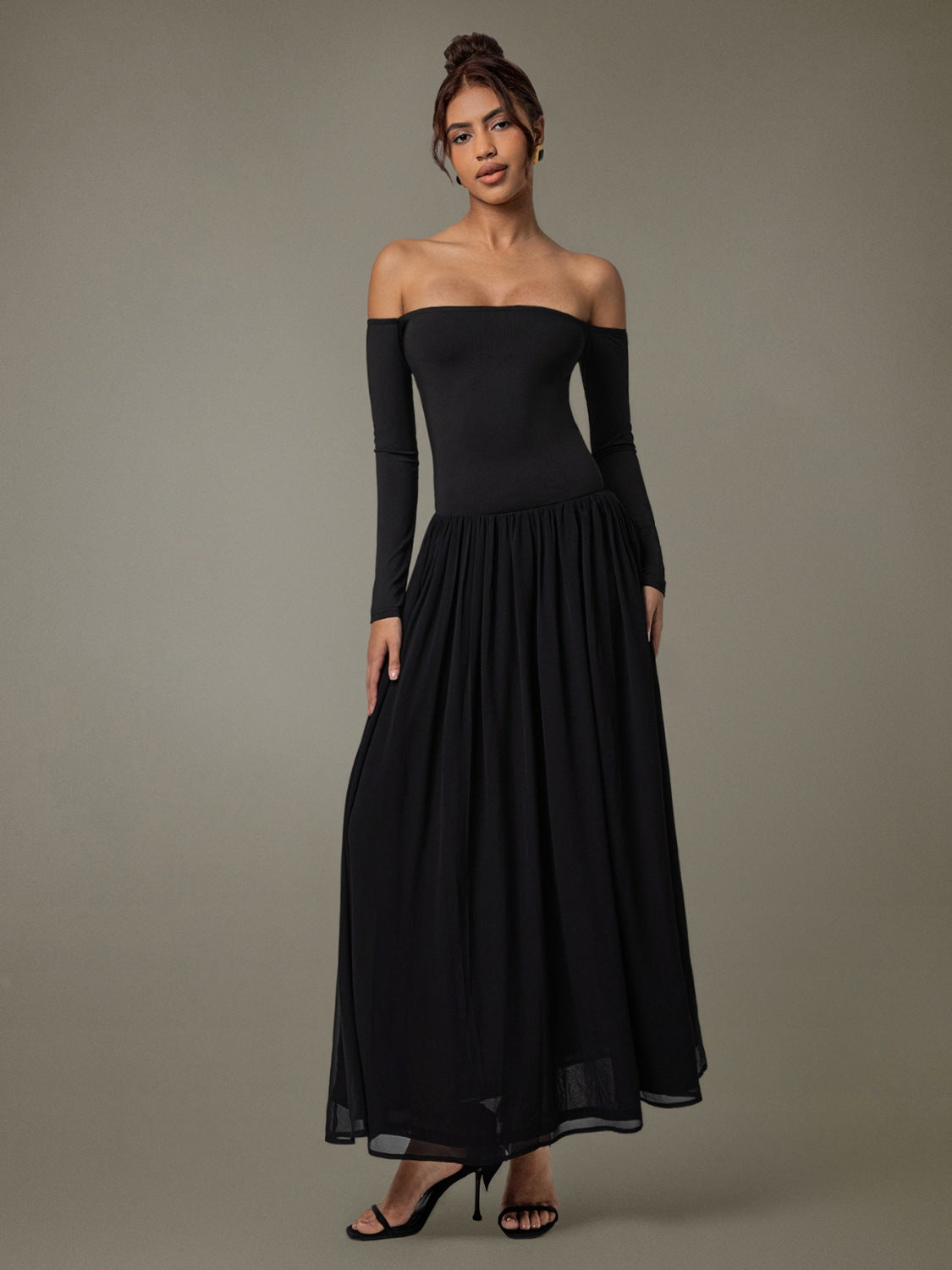 Off Shoulder Long Sleeve Maxi Dress - felvior