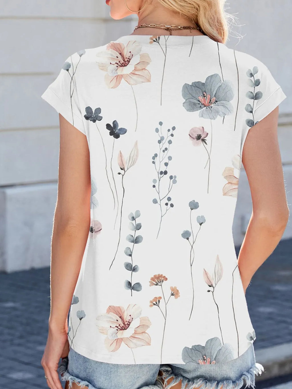 Printed Round Neck Cap Sleeve Top