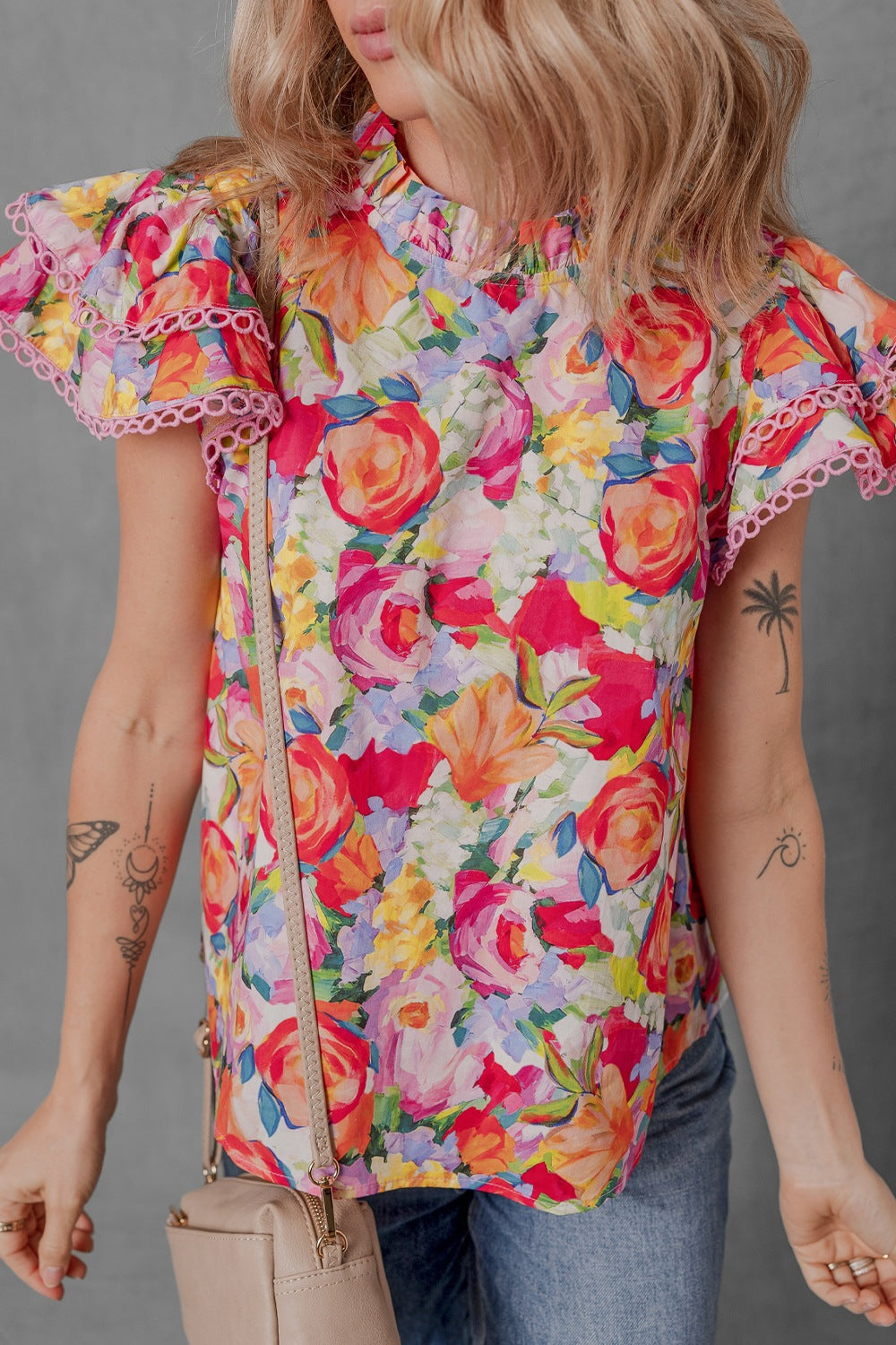 Lace Trim Ruffle Cap Sleeve Floral Blouse