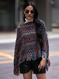 Shiny Fringe Hem Boat Neck Poncho - felvior