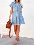 Raw Hem Short Sleeve Denim Dress - felvior