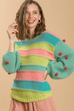 Umgee Full Size Color Block Cable Knit Sweater with Pom Pom Plus Size - felvior