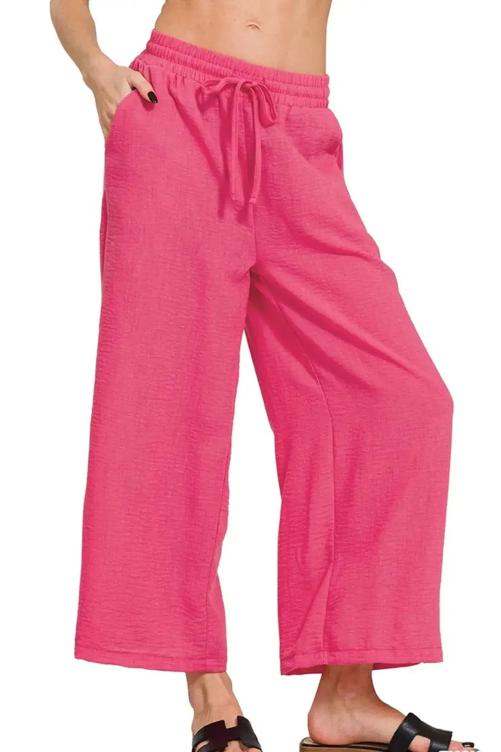 Zenana Woven Crepe Elastic Band Waist Cropped Pants