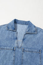 Short Sleeve Collared Patched Pocket Denim Mini Dress