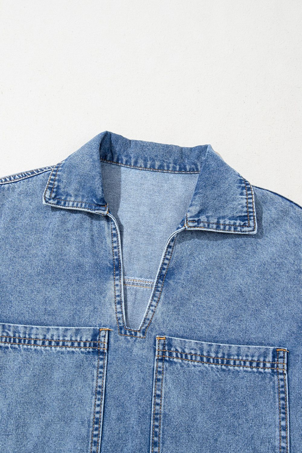 Short Sleeve Collared Patched Pocket Denim Mini Dress