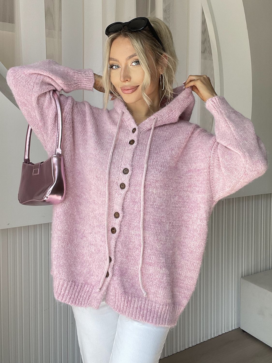 Drawstring Button Down Hooded Cardigan - felvior