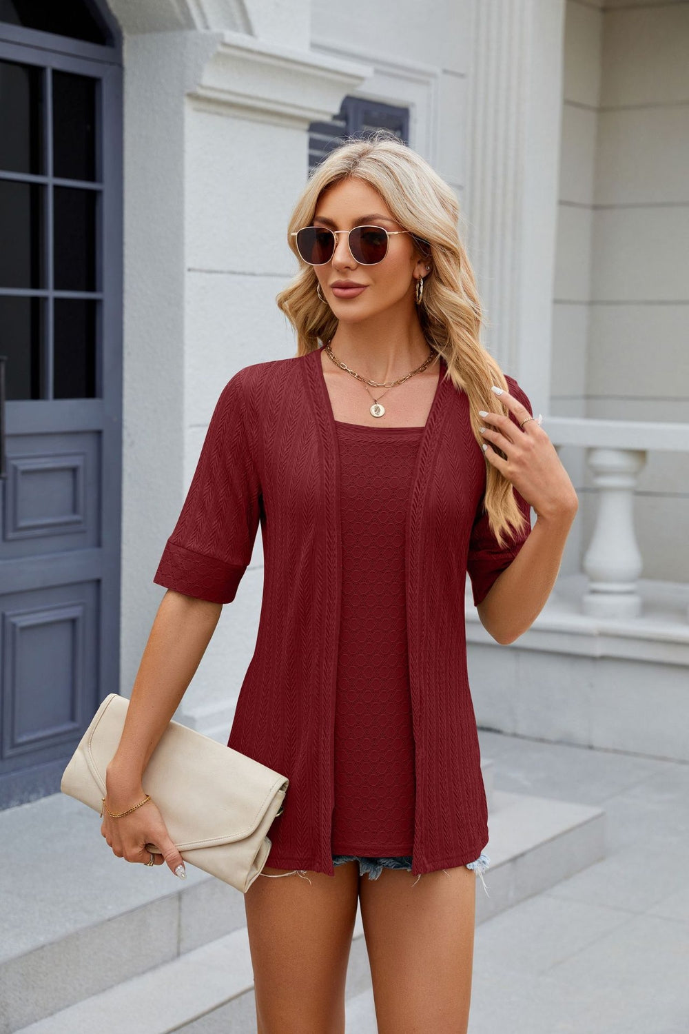 Texture Square Neck Short Sleeve Blouse