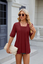 Texture Square Neck Short Sleeve Blouse