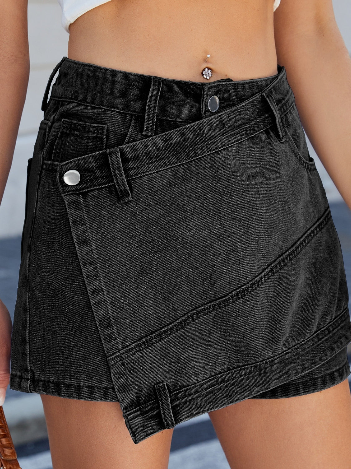 Asymmetrical Denim Skort with Pockets - felvior