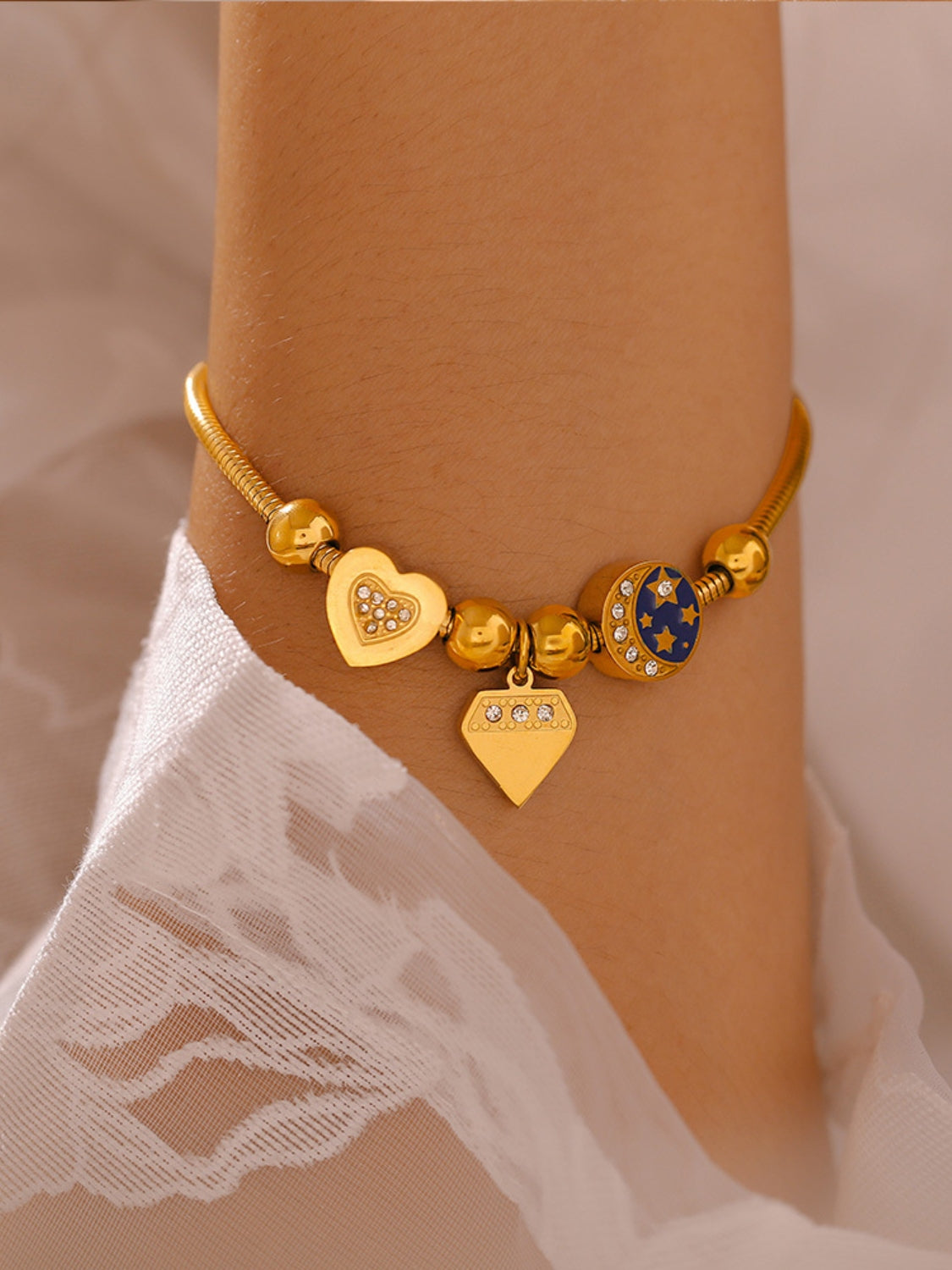 Stainless Steel Rhinestone Charm Bracelet - felvior