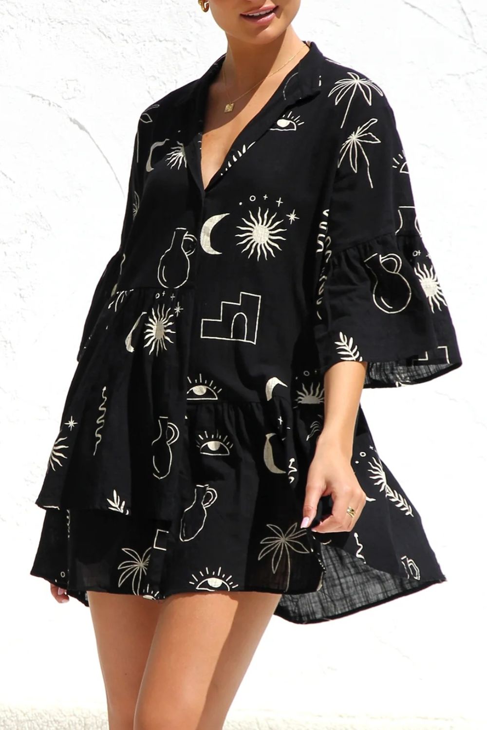Ruched Printed Three-Quarter Sleeve Mini Dress - felvior