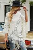 Pearl Trim V-Neck Fringe Hem Poncho - felvior