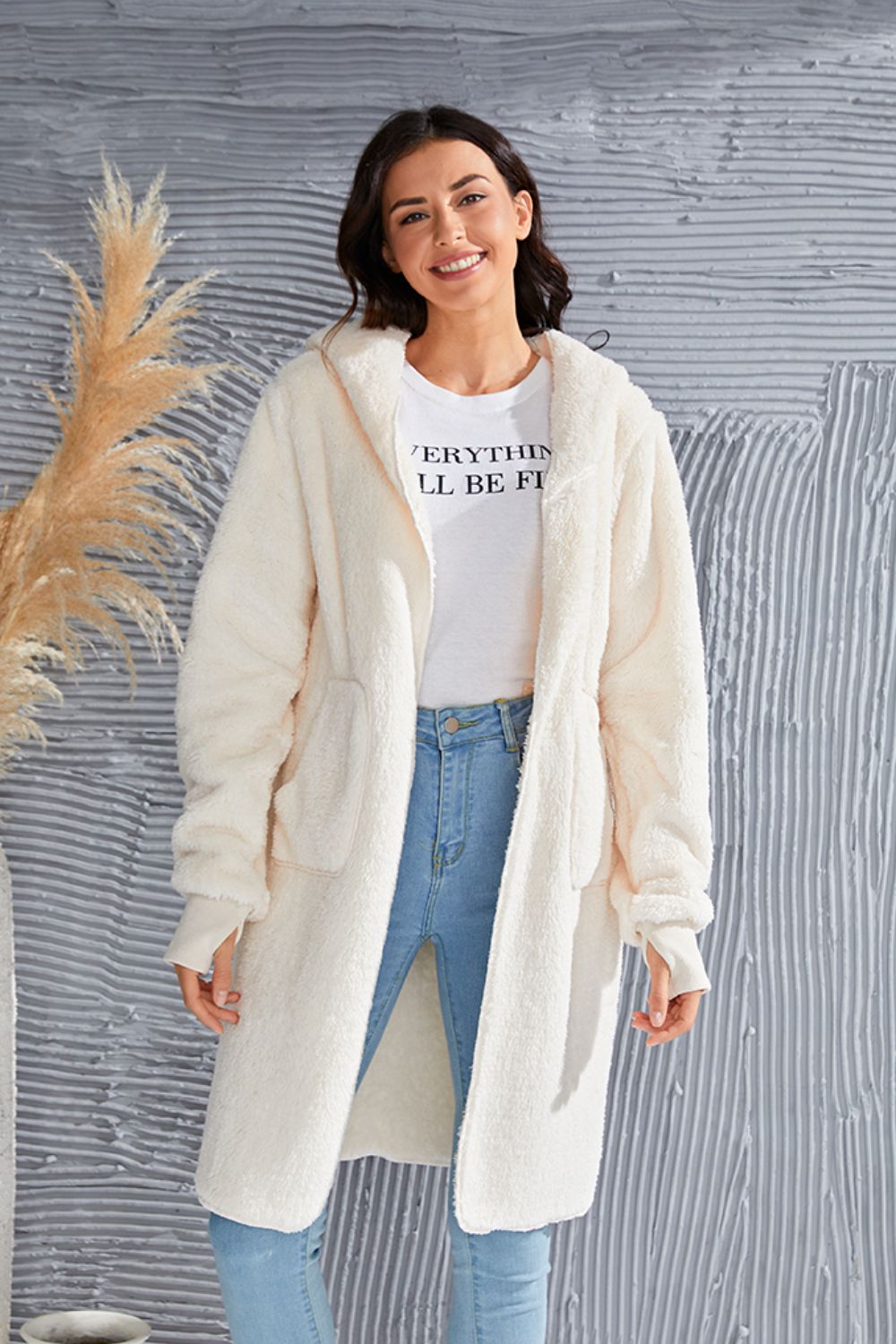 Double Take Full Size Hooded Teddy Bear Jacket with Thumbholes - felvior