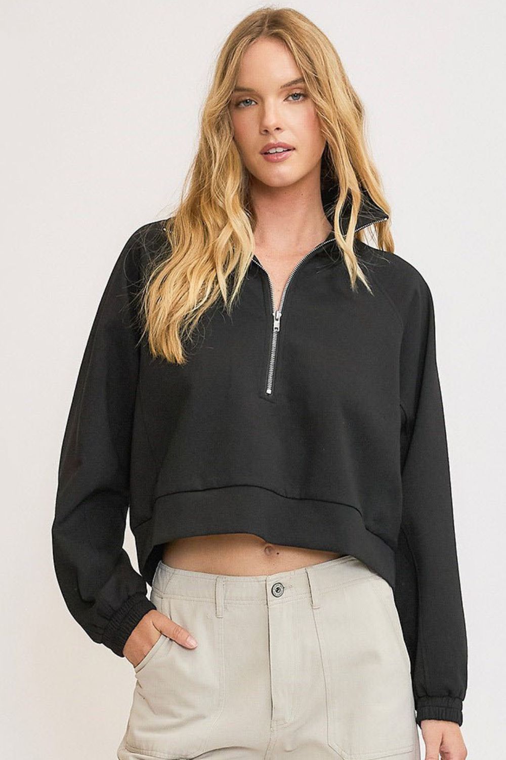 Umgee Full Size Half Zip Cropped Sweatshirt Plus Size - felvior
