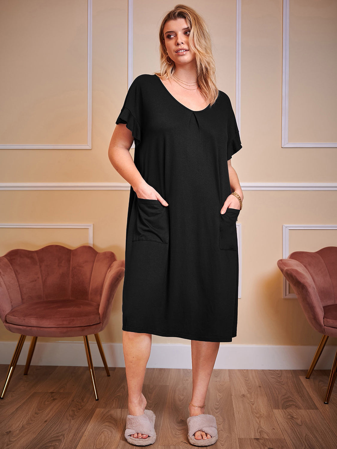 Plus Size Round Neck Short Sleeve Lounge Dress - felvior