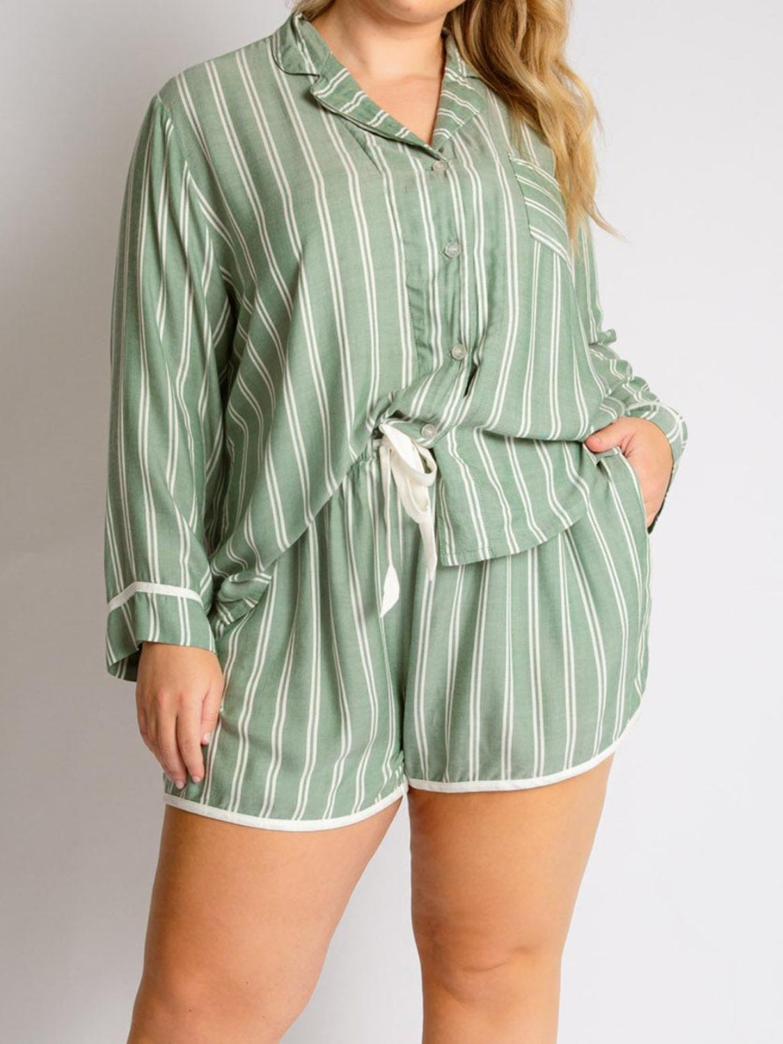 Striped Collared Neck Long Sleeve Top and Shorts Lounge Set - felvior