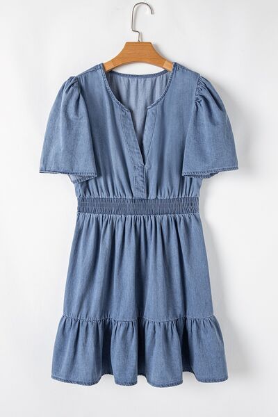 Ruffled Hem Smocked Flutter Sleeve Denim Mini Dress