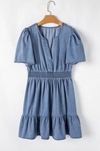 Ruffled Hem Smocked Flutter Sleeve Denim Mini Dress