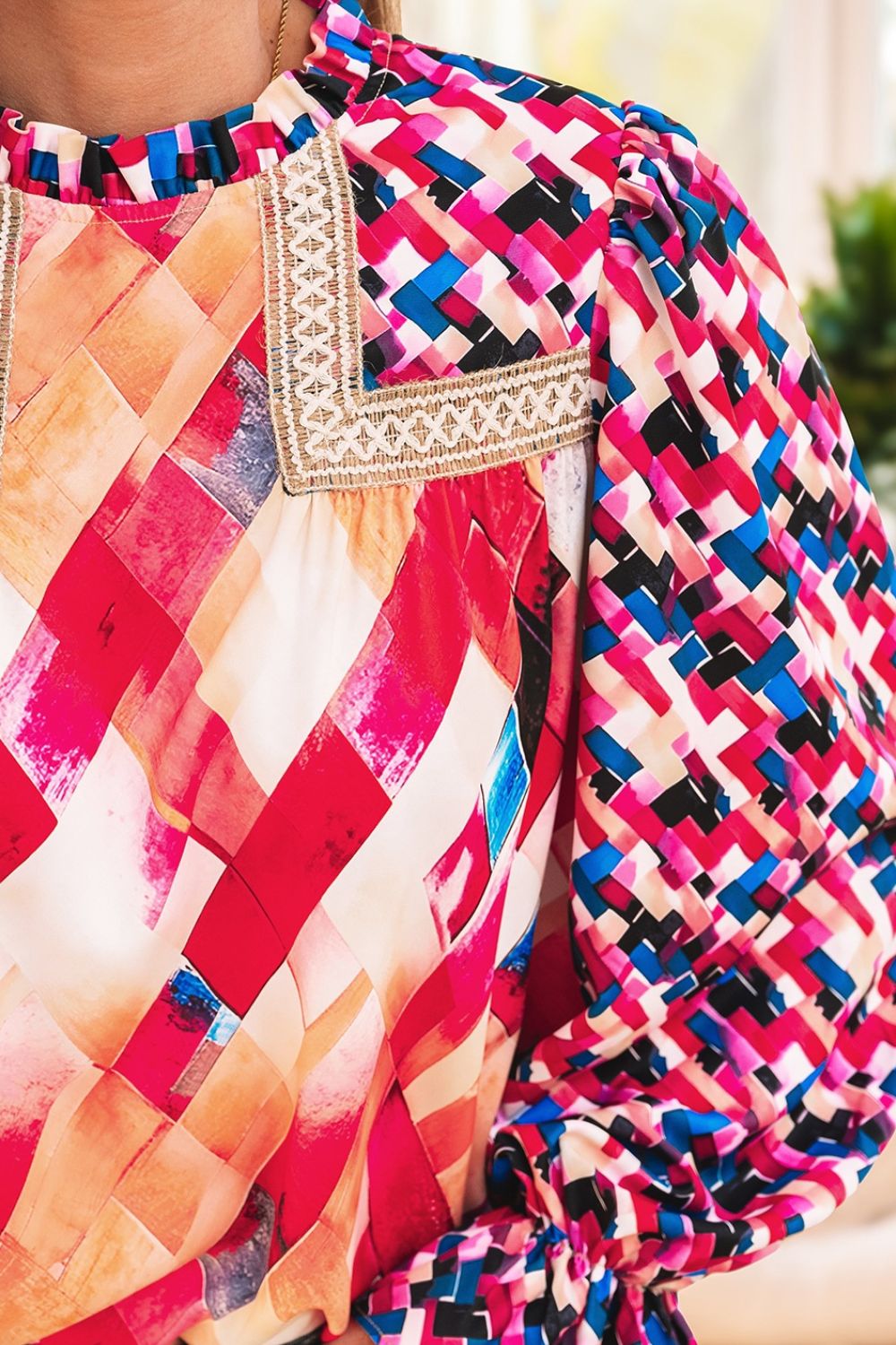 Abstract Geometric Pattern Flounce Sleeve Blouse - felvior